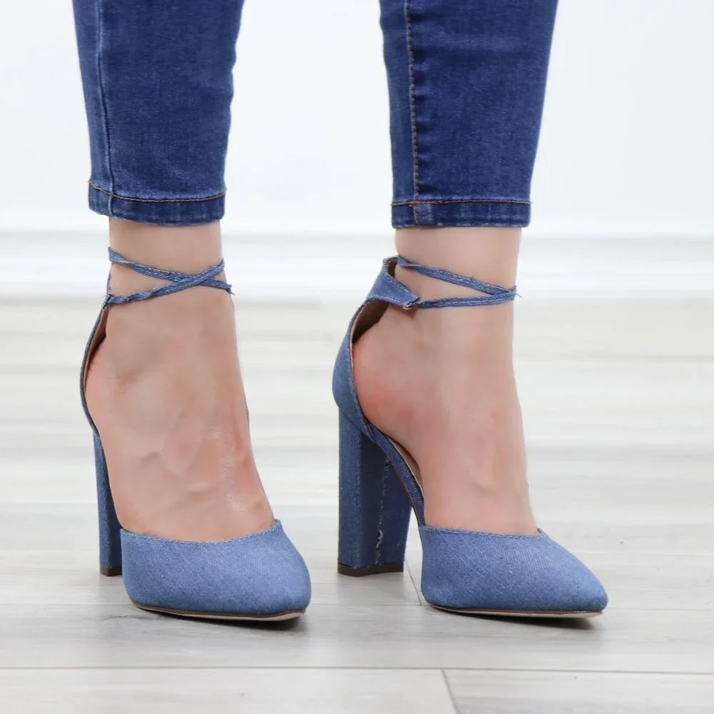 Denim Pointy Toe Block Lace-Up High Heel Pumps - Picture 12 of 15